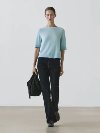 Boot-cut-jeans med høy midje og flokket overflate