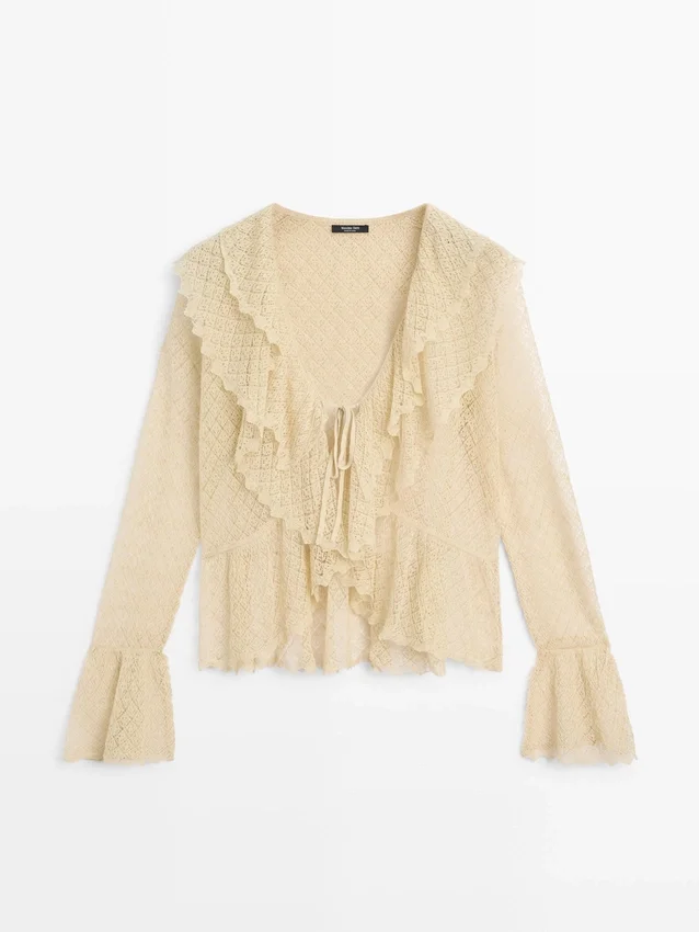 Cardigan i linblanding med volangdetaljer Cardigan i linblanding med volangdetaljer