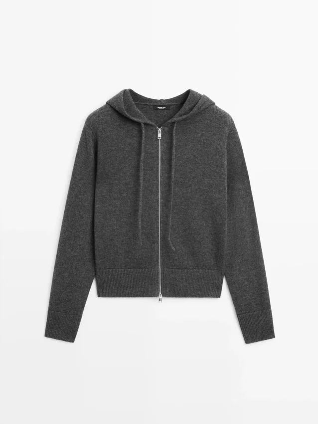 Cardigan i ullblanding med glidelås og hette Cardigan i ullblanding med glidelås og hette