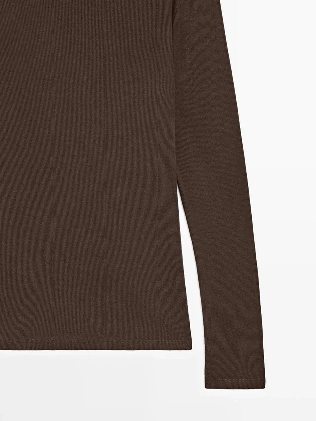 Ribbet langermet bomulls-T-skjorte Ribbet langermet bomulls-T-skjorte