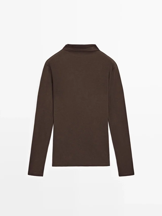 Ribbet langermet bomulls-T-skjorte Ribbet langermet bomulls-T-skjorte